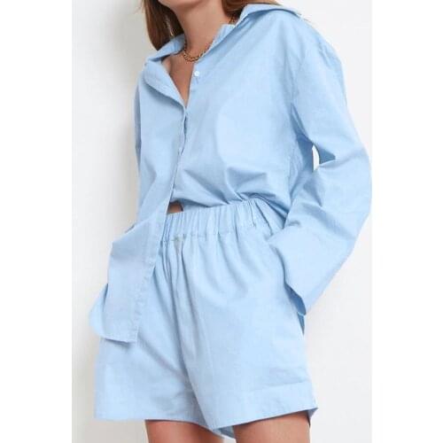 Casual Set Women Shirts Two Pieces Set Summer Single Breasted Long Sleeved Blouse Suits Elastic Waist Shorts Solid Suits