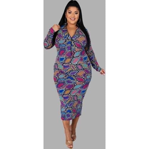 Fall Clothes Maxi Dresses for Women Snake Print V Neck Long Sleeve Dress High Waist Sexy Plus Size Dress Wholesale Dropshipping