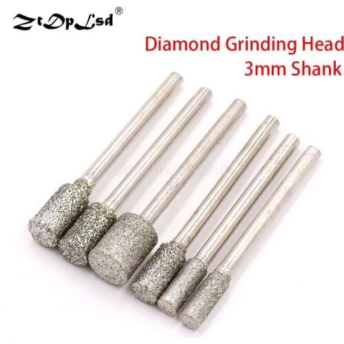 1PCS Grit60 3MM Shank Cylinder Diamond Grinding Head Cylindrical Points Coated Carving Burrs Lapidary Tools Jade Stone Marble