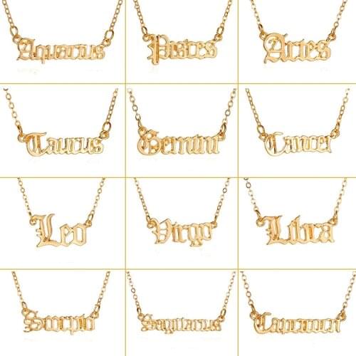 12 Zodiac Sign Guardian Star Necklace Old English Letter Pendant Clavicle Chain Fashion Creative Birthday Gift For Women Girls