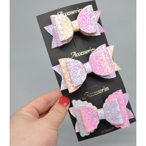 9pcs/set Pastel Glitter Hair Bows Attached Clips Unicorn Mermaid Sequins Girls Hairpins Barrettes Party Dance Hair Accessories