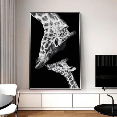 Black and White Giraffe Sketch Canvas Painting Maternal Love theme Animal Posters and Prints Wall Pictures for Home Decor Cuadro