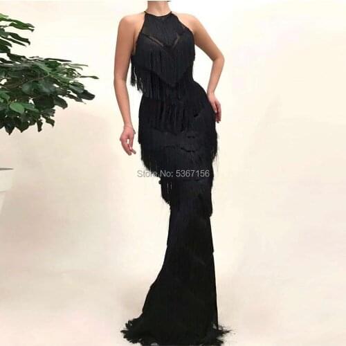 Black Tassel Mermaid Evening Dresses Halter Sleeveless Arabic Prom Dresses Formal Saudi Arabia Party Gowns robe de soire