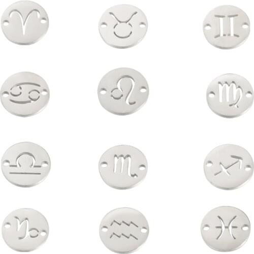 Fnixtar 12Pcs/Lot 12mm Mirror Polish Stainless Steel Zodiac Charms 1.5mm Hole Constellations Charms For Necklaces Braid Bracelet