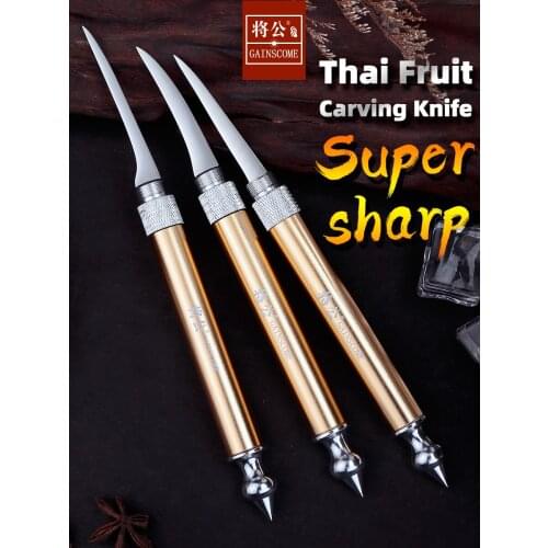 GAINSCOME Thai Kitchen Carving Knife Master Knife 440C Stainless Steel Hotel Chef Foldable Fruit Art Engraving Scimitar Sharp