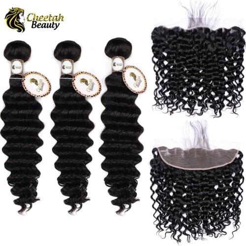 Cheetah Beauty Deep Wave Bundles With Frontal Brazilian Human Hair 3 Bundles With Frontal Deep Wave Remy Hair Extensions