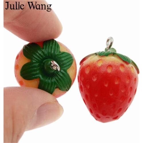 Julie Wang 3PCS Resin Strawberry Charms Artificial Fruit Pendants Bracelet Necklace Key Chain Jewelry Making Accessory
