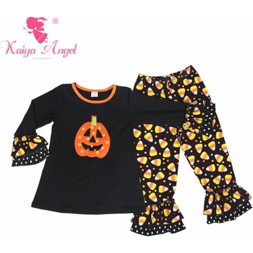 Kaiya Angel 2018 Halloween Orange Pumpkin Kids Ruffles Top Pants Suit Clothes Girls Boutique Children Autumn Winter Clothing
