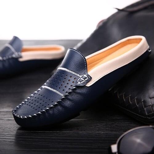 Summer Mens Shoes Casual Brand Luxury Loafers Men Genuine Leather Half Slipper For Men Breathable Lazy Driving Shoes Moccasins