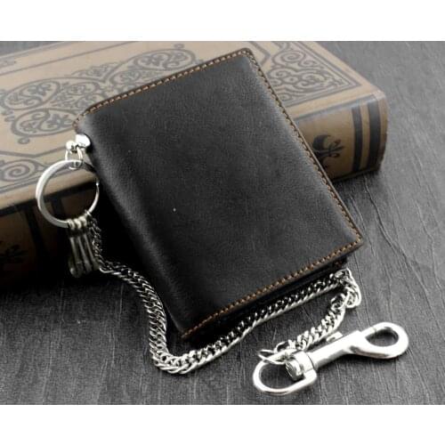 Mens Biker Leather Money Clip Wallet With Anti Theft Chain Korean Fashion Black