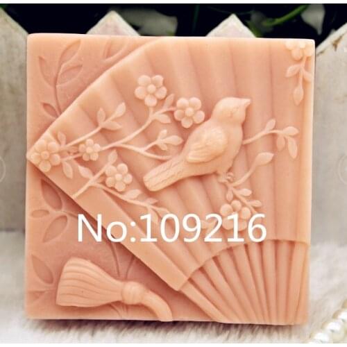 New Product!!1pcs Fan with Two Bird (zx170) Silicone Handmade Soap Mold Crafts DIY Mould