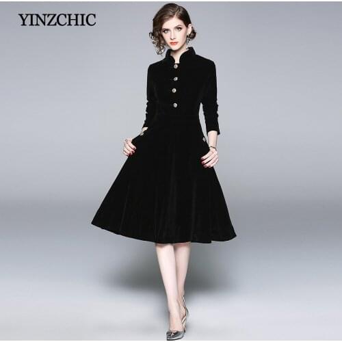 Solid Black Womans Velvet Dress Winter Stand Collar Ladies A-Line Thick Dresses Slim Midi Dress Women Office Lady Outer Dresses