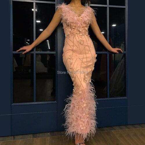 Orange Mermaid/Trump V-Neck Evening Dress Tulle Sleeveless Beaded Sequined Flowers Ankle-Length Feather Prom Dress Zipper Custom