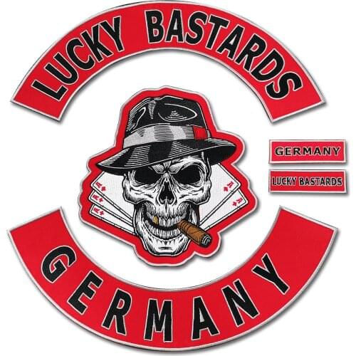 Lucky Bustards Germany Embroidered Patches Skull Biker Rider Big Back MC Motorcycle Patches for Jackets Vest Leather