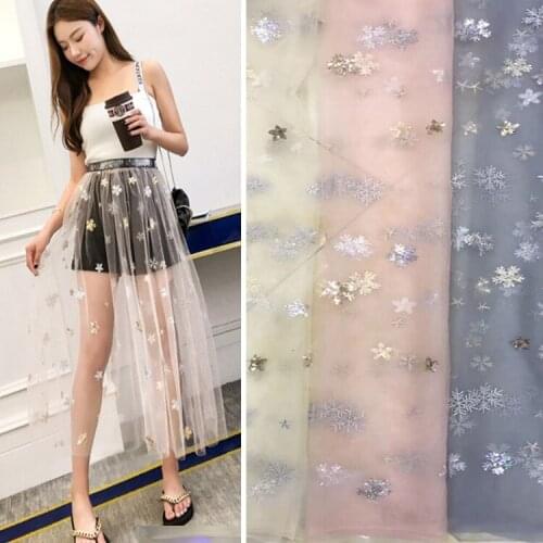 1Yard Star Snowflake sequins Embroidered Lace Fabric Tulle Summer African Fabric For Girls Wedding Dress Sewing Net Fabric Craft