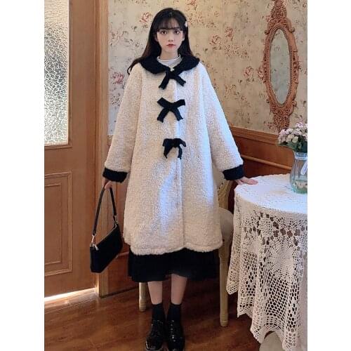 Fleece-Lined Thickened Winter New Woolen Coat Womens Mid-Length Autumn and Winter Student Lamb Wool Woolen sweet Lolita Coat