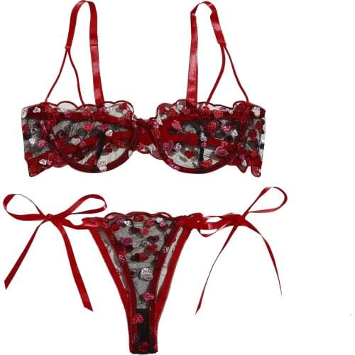Love Embroidery Bra G-String Thong Heart Embroidery Bra Set Sleepwear Underwear Women Lingerie Bandage сексуальное нижее белье