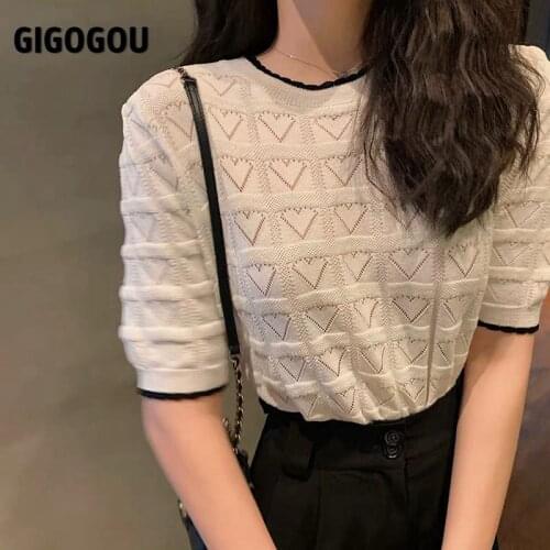 GIGOGOU Love Shape Women T-shirts O Neck Knitting Crop Tops Women Short Sleeve Ruffles Hem t-shirts Stripes Tops For Women