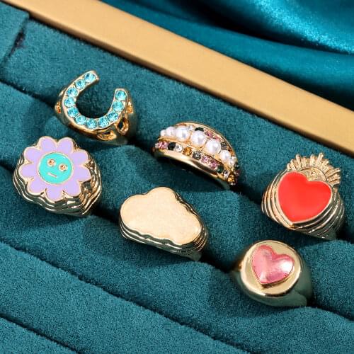 Flatfoosie 2021 New Gold Color Flowers Heart Enamel Rings For Women Girls Colorful Rhinestone C Shape Rings Wedding Jewelry Gift