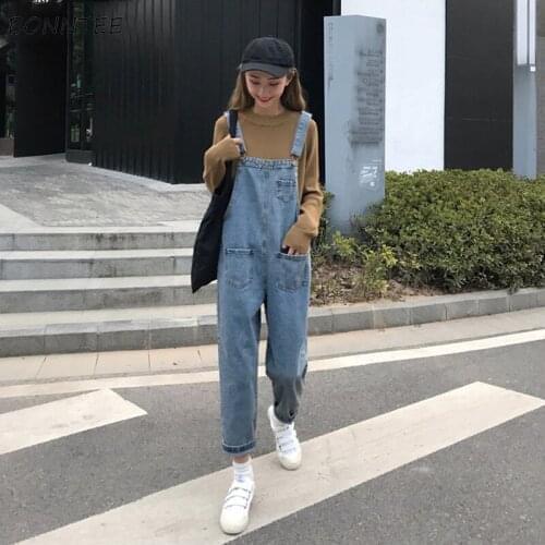 Jumpsuits for Women Pockets Leisure Solid Denim Retro Vintage All-match Simple Korean Style Jumpsuit Womens Kawaii Daily New