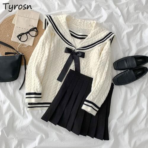 Skirts Sets Women Sweet Leisure Sailor Collar Bow Fashion Daily Pullover Sweaters Mujer Pleated Skirt Plus Size 4XL High Waist