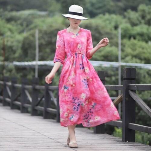 Original design retro dress womens summer high waist 2020 new long sleeve loose ramie print art long skirt women