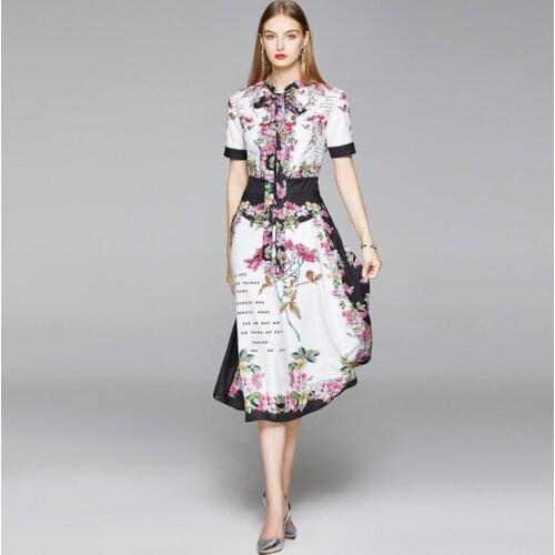 Womens spring summer short sleeve flower print dress female runway fashion high waist bow collar plus size dress TB771
