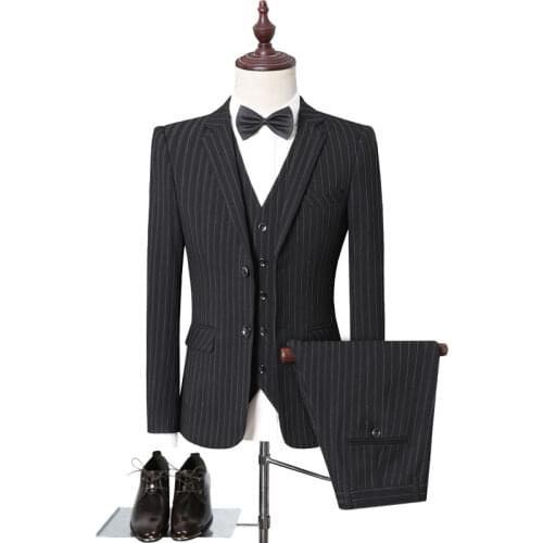 2021 New Black Suits for Men Striped Suit Wedding Dresses Groom Costume Homme Mariage Business 2 Button Men Suits 3 Pieces