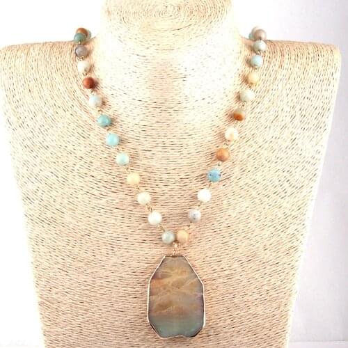 Free Shipping Fashion Bohemian Tribal Jewelry Semi Precious Stones Rosary Chain Stone Pendant Necklace Women Ethnic Necklace