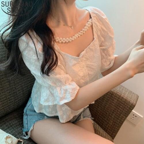 French Style Fashion 2021 Summer New Puff Sleeve Blouses Women Square Collar Tops Embroidery Shirts Sweet Clothes Blusas 14417