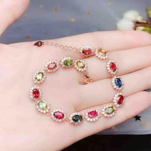 Natural Tourmaline Chain Bracelet for Women S925 Silver Top Quality Fine Jewelry Real Multicolored Gemstones with Certificate