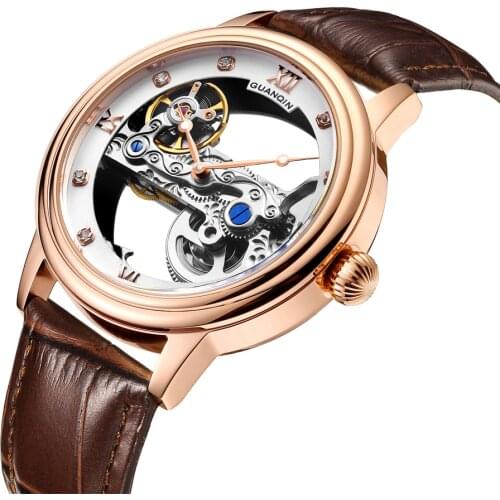 Hollow Automatic Mechanical Watch GUANQIN GJ16137 Watches Mens 50m Waterproof Luminous Wristwatch Mens Leather Strap Dropship