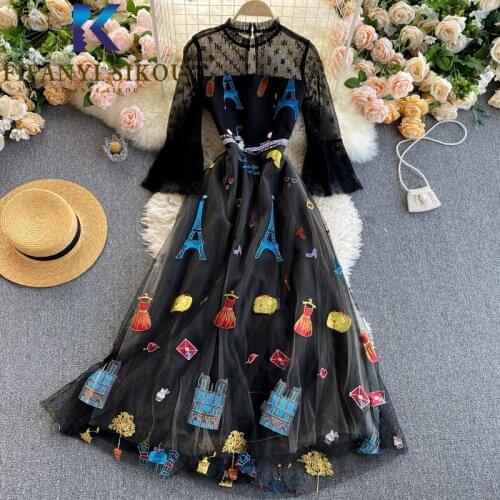 Black Vintage Dresses Women Spring Summer Fashion Mesh Spliced Embroidery Print Long Dress O-Neck Half sleeve Party Dress Female
