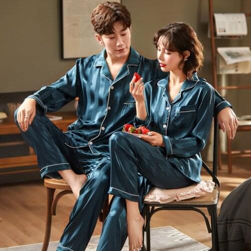 Couple Home Clothes Satin Silk Pajamas Set For Women Mens Sleepwear Long Sleeve Long Pants Night Suit Loose Nightshitrs Homewear