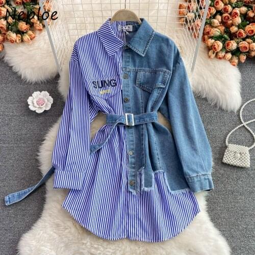 Neploe Long-sleeve Denim Irregular Shirt Dresses Women Autumn New 2021 Belt Slim Waist Vestidos Femme Fashion Women Clothing