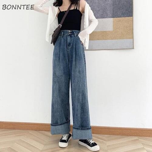 Jeans Women Double Button Cuffs Vintage Full Length Washed Loose High Waist Trousers Lady Teens Trendy High-street Spring Casual