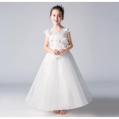 Elegant Flower Girls Dresses White Tulle Bead Floral Kids Wedding Pageant Princess Party Dresses Long Girls First Communion Gown