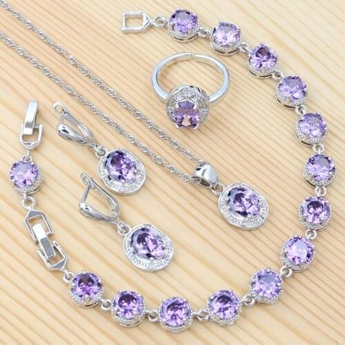 Purple Amethyst 925 Sterling Silver Drop Earrings Open Ring Egg Pendant Silver Chain CZ Bracelet Womans Party Accessories
