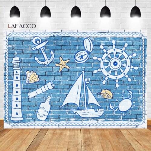 Laeacco Blue Brick Wall Cartoon Graffiti Telescope Pirate Ship Background Baby Child Portrait Customized Photography Backdrops
