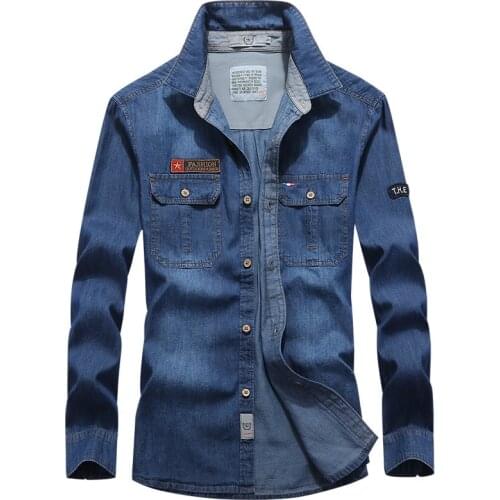 2021 Fashion Casual Denim Shirts Men Long Sleeve Cowboy Shirt Men Slim Fit Military Jeans Top Plus Size 4XL Chemise Homme