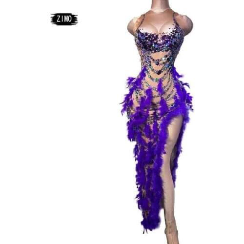 Sexy Purple Crystal Feather Long Dress Women Stretch Nude Evening Party Dress Singer Stage High Slit Rhinestone Dress spandex