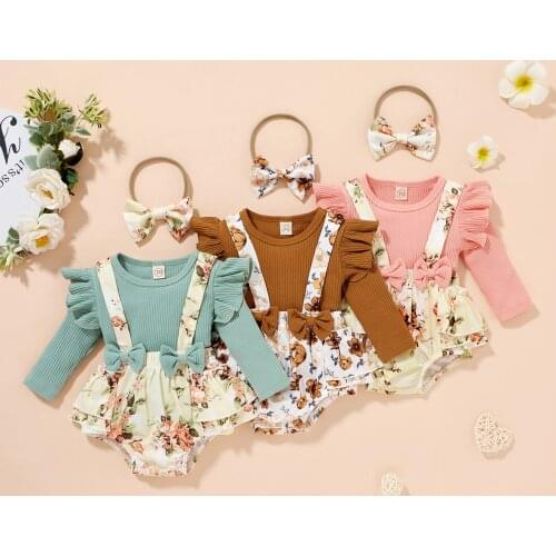 0-24M Baby Girls Casual Clothes Set Ribbed Long Fly Sleeve Round Neck Pullover + Floral Overalls Bodysuit + Headband 3Pcs Outfit