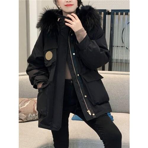 Large Real Raccoon Fur New Winter 90% White Duck Down Coat Thick Warm Hooded Loose Parka Female Snow Puffer Jacket