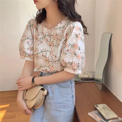 HziriP 2021 Summer New French Shirt O-Neck Fashion Elegant Gentle Print Hollow Out All-Match Casual Puff Short-Sleeve Blouse