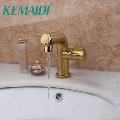 KEMAIDI Kitchen Bathroom Faucets Single Handle Deck Mounted Golden Polished Bathroom Basin Mixer Sink Tap Waterfall Faucets