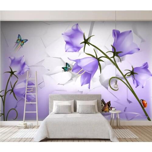 Modern Custom 3D Wallpaper Beautiful dreamy purple flower butterfly TV background wall Living Room Wallpaper 3D Painting