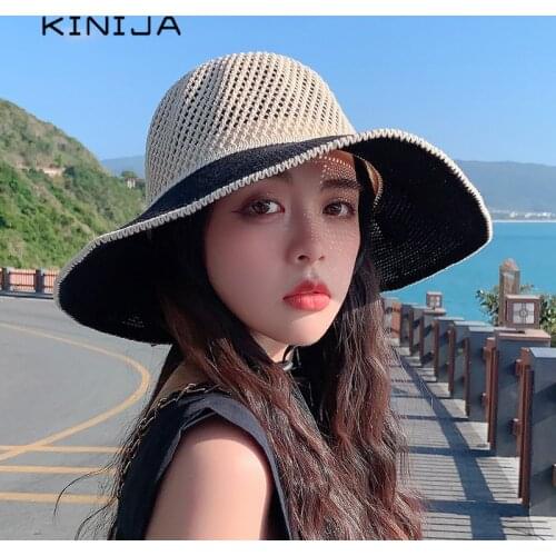 Bucket hat summer women fedora hat knit Color contrast hollow out straw cap Korean fashion beach bow large brim fisherman hat