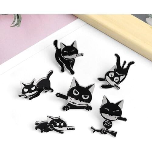 Funny Animal Kitten Knife Badge for Shirt CoatKiller Cat Enamel Pins Lapel Pin Cartoon Brooches Jewelry Gifts for Friend Kids