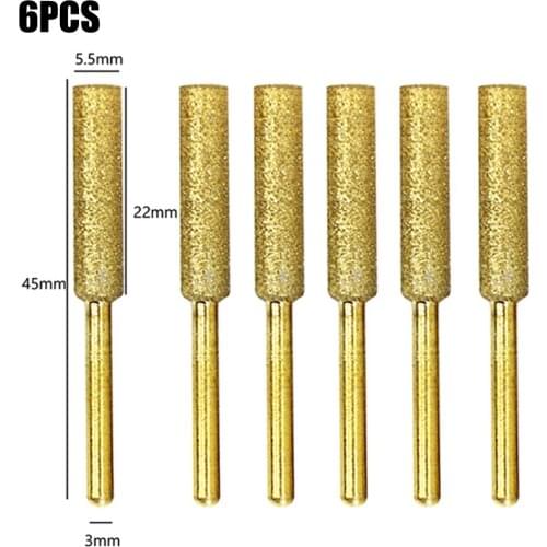 6Pcs Diamond Coated Cylindrical Burr 4/4.8/5.5mm Chainsaw Sharpener Burr Stone File Chain Saw Sharpening Carving Grinding Tools