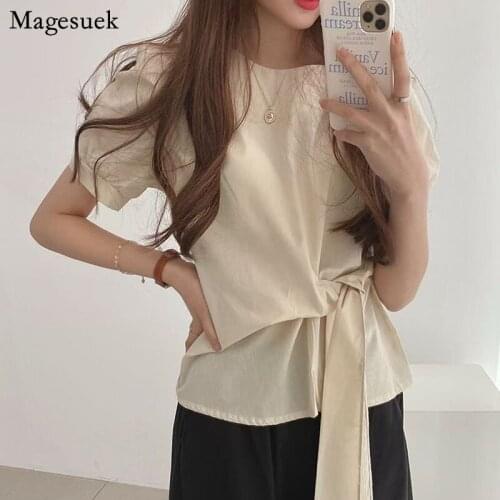 Korean 2021 New Summer Short Sleeve Blouse Women Chic O Neck Puff Sleeve Bandage Bow Tops Fashion Loose Clothes Blusas 14322